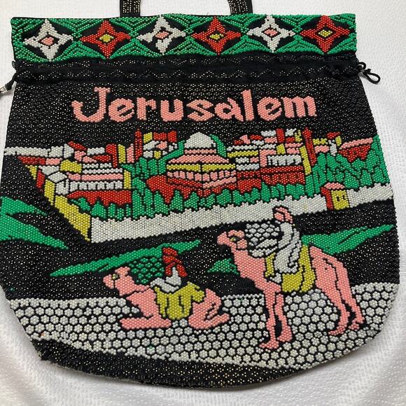 Jerusalem Beaded Handmade Vintage Tote Bag Purse Black Double Handle Israel - Picture 2 of 10